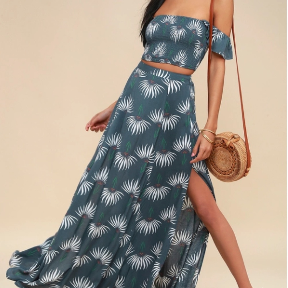 TRANCOSO DUSTY BLUE FLORAL PRINT TWO-PIECE MAXI -